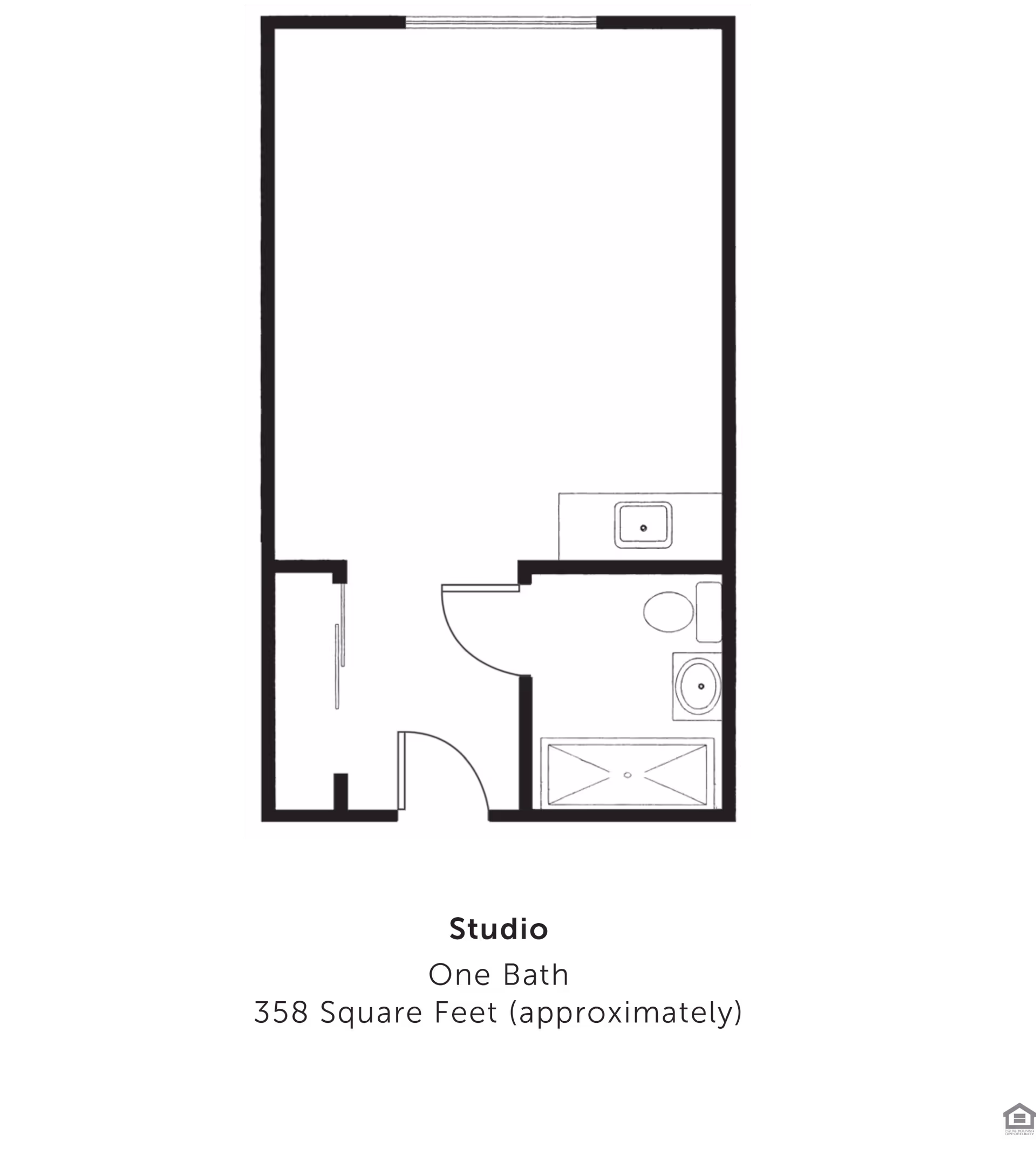 Floor plan of a studio apartment with one bathroom, approximately 358 square feet. The layout shows an entry door leading to a main living area, a bathroom with a sink, toilet, and bathtub, and a small kitchenette area.