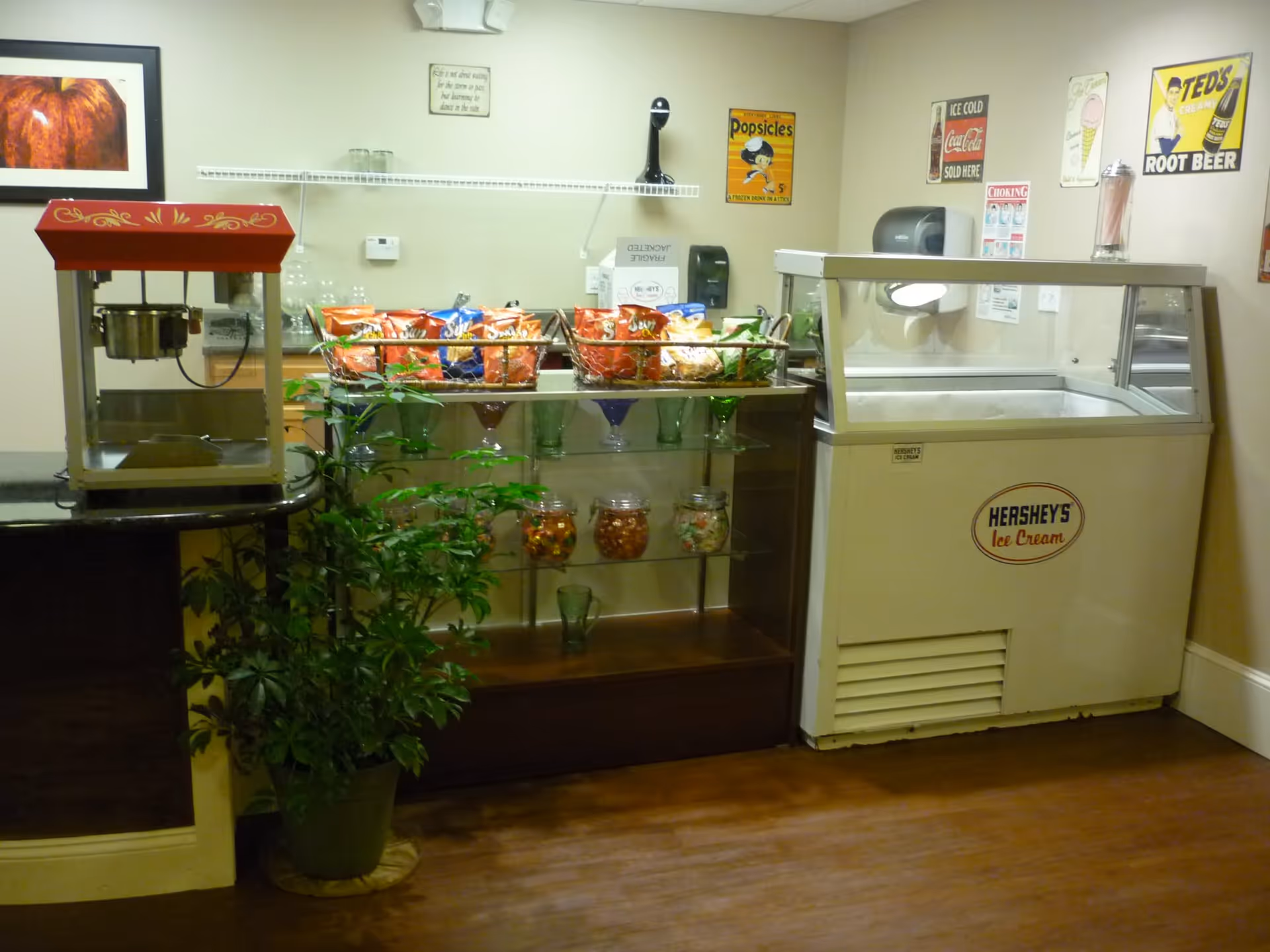 A snack and ice cream area in a senior community facility featuring a popcorn machine, baskets filled with various bags of chips, a Hershey's ice cream freezer, and several vintage-style posters on the walls. There is also a green potted plant on the floor and glass jars with snacks on a shelf beneath the chip baskets.
