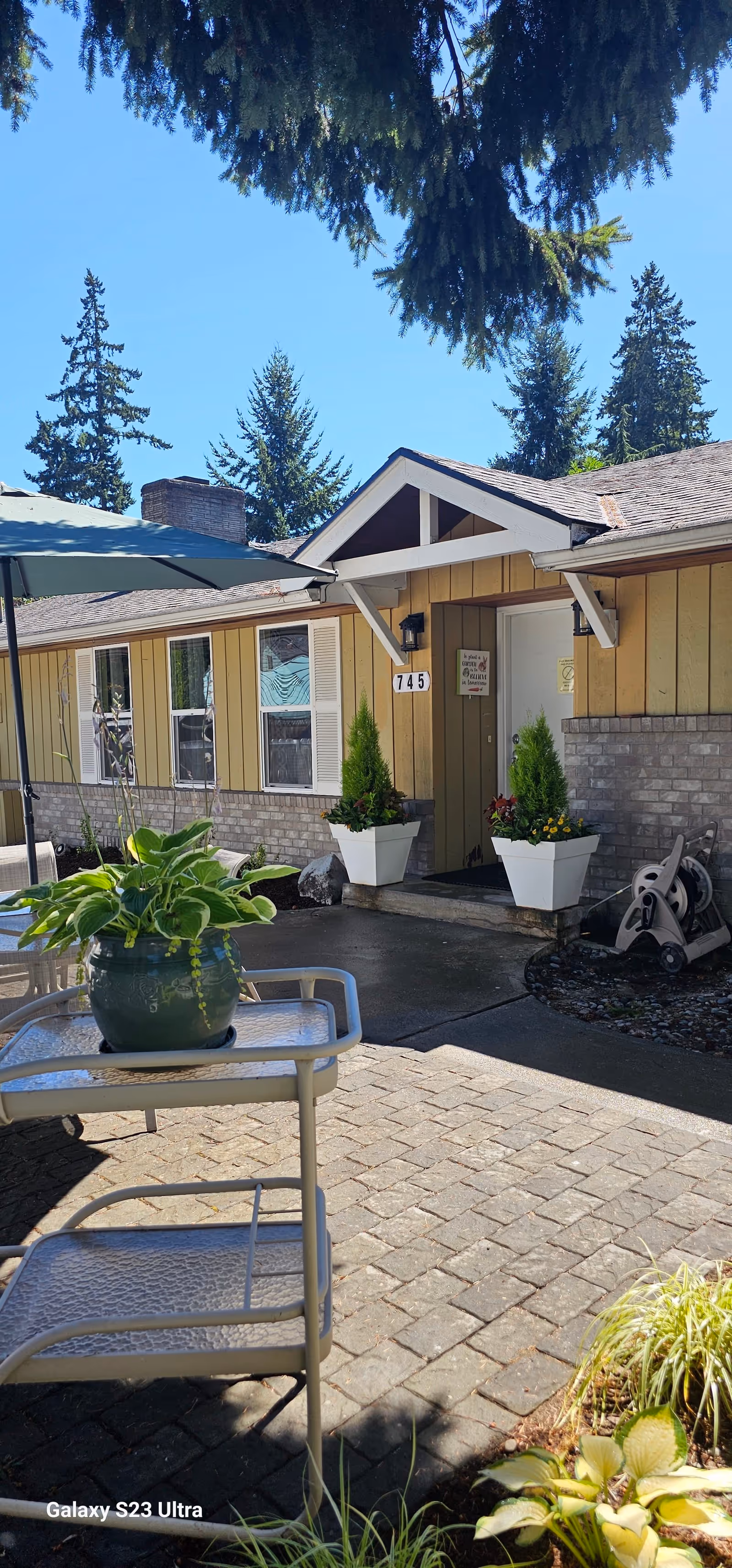 Outdoor patio area of a senior living facility with a yellow and brick building entrance marked 745. There are two white planters with green plants flanking the door, a patio table with a green potted plant, a large umbrella providing shade, and tall evergreen trees in the background under a clear blue sky.