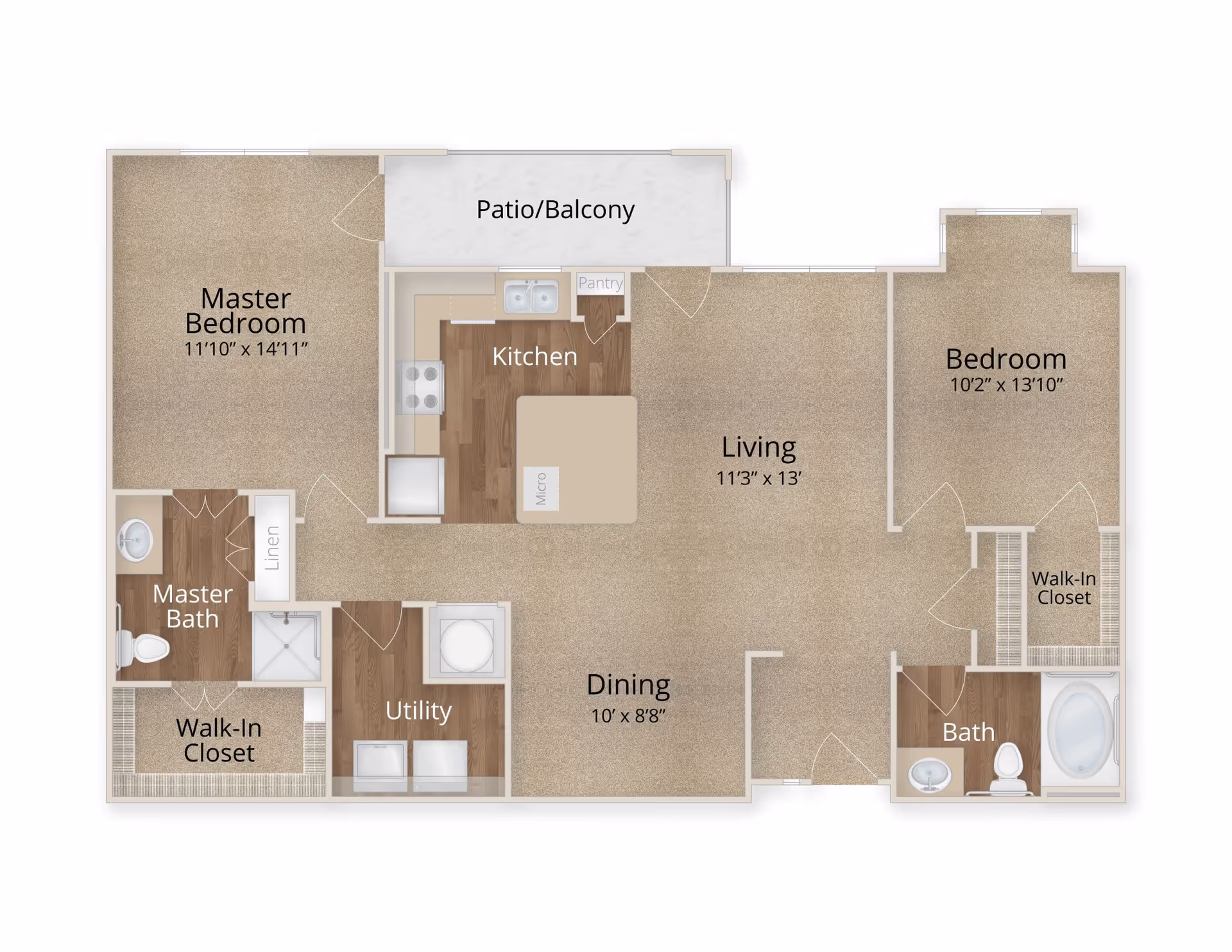 Floor plan of a senior living apartment at Arabella of Longview Senior Living showing a master bedroom with attached master bath and walk-in closet, a second bedroom with walk-in closet, a kitchen with pantry, a living room, a dining area, a utility room, a second bathroom, and a patio/balcony.
