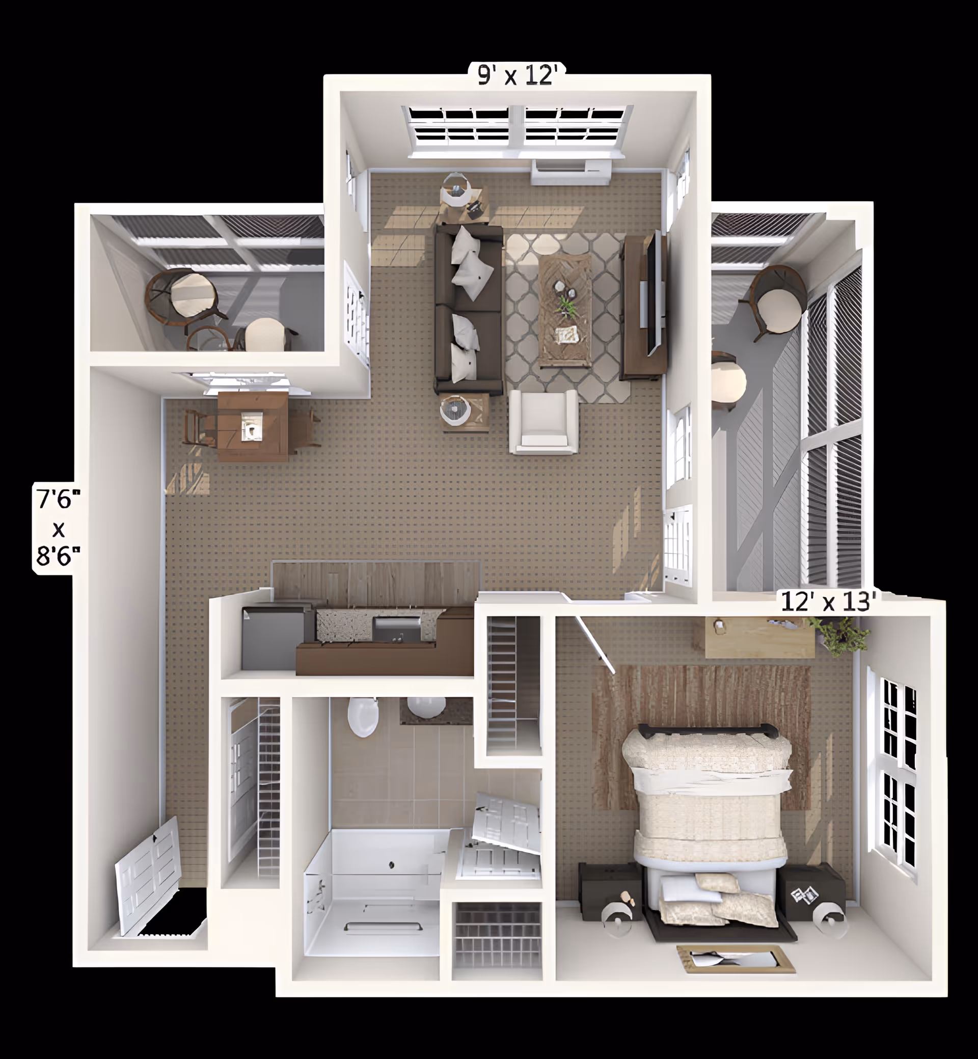 3D floor plan of a senior living apartment showing a living room with sofa, armchair, coffee table, and TV, a kitchen area with appliances and dining table, a bedroom with a bed and nightstands, a bathroom with a shower, and two small enclosed porch areas with chairs and tables. Dimensions of rooms are labeled.