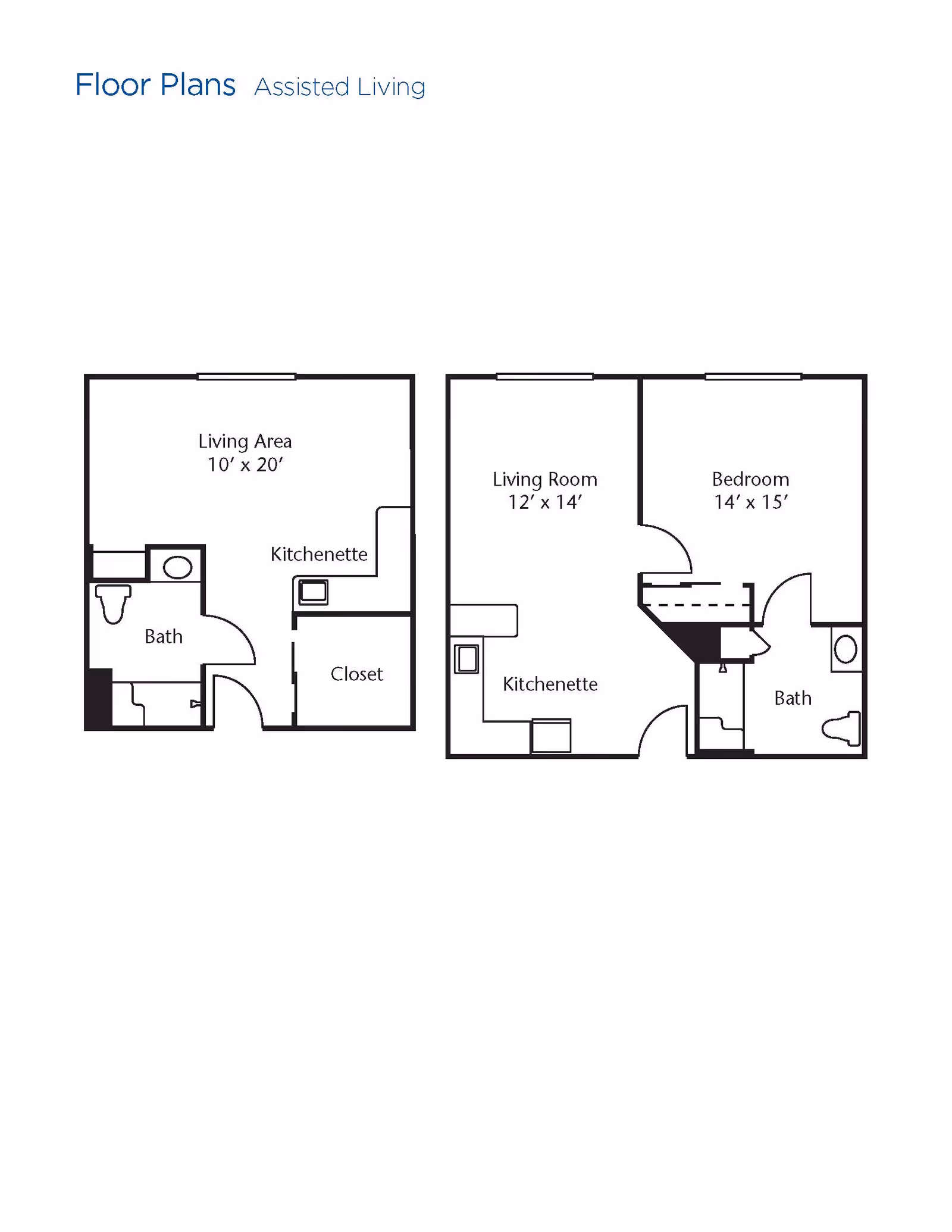Two assisted living floor plans from Brookdale Bowling Green. The first plan shows a living area measuring 10 by 20 feet, a kitchenette, a bath, and a closet. The second plan includes a living room measuring 12 by 14 feet, a bedroom measuring 14 by 15 feet, a kitchenette, and a bath.