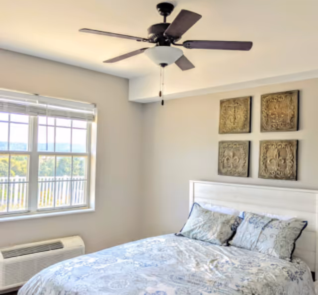Bright bedroom with ceiling fan, large window, white headboard bed, and decorative wall art.