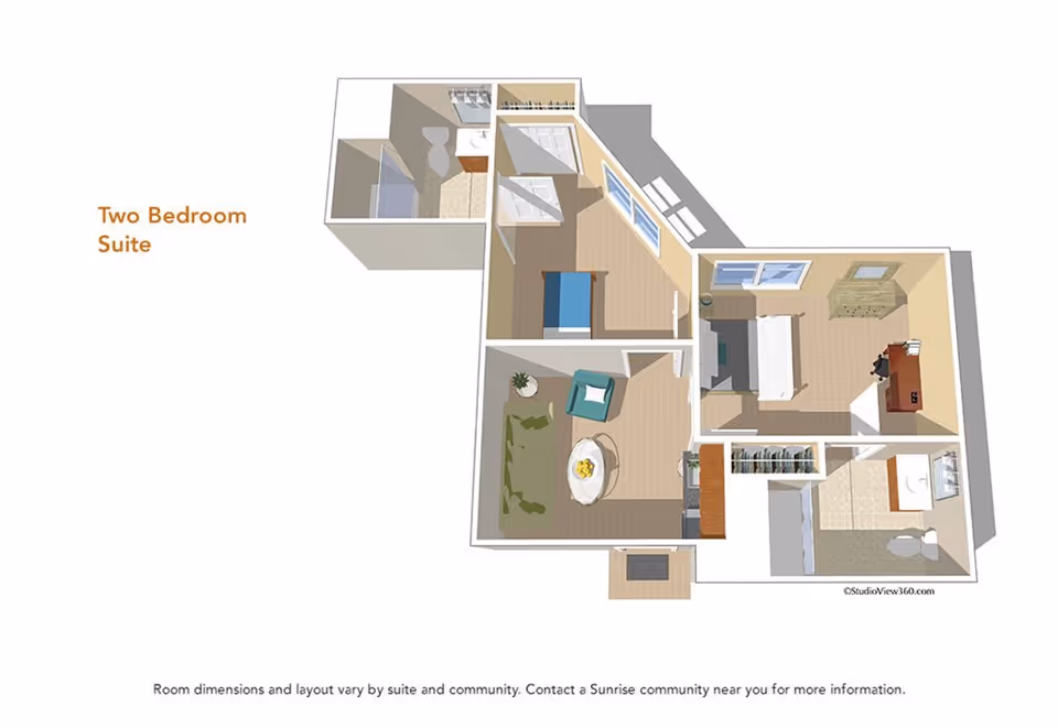 3D floor plan of a two-bedroom suite showing two bedrooms, two bathrooms, a living area with a chair and coffee table, and closets. The layout includes windows and furniture placement.
