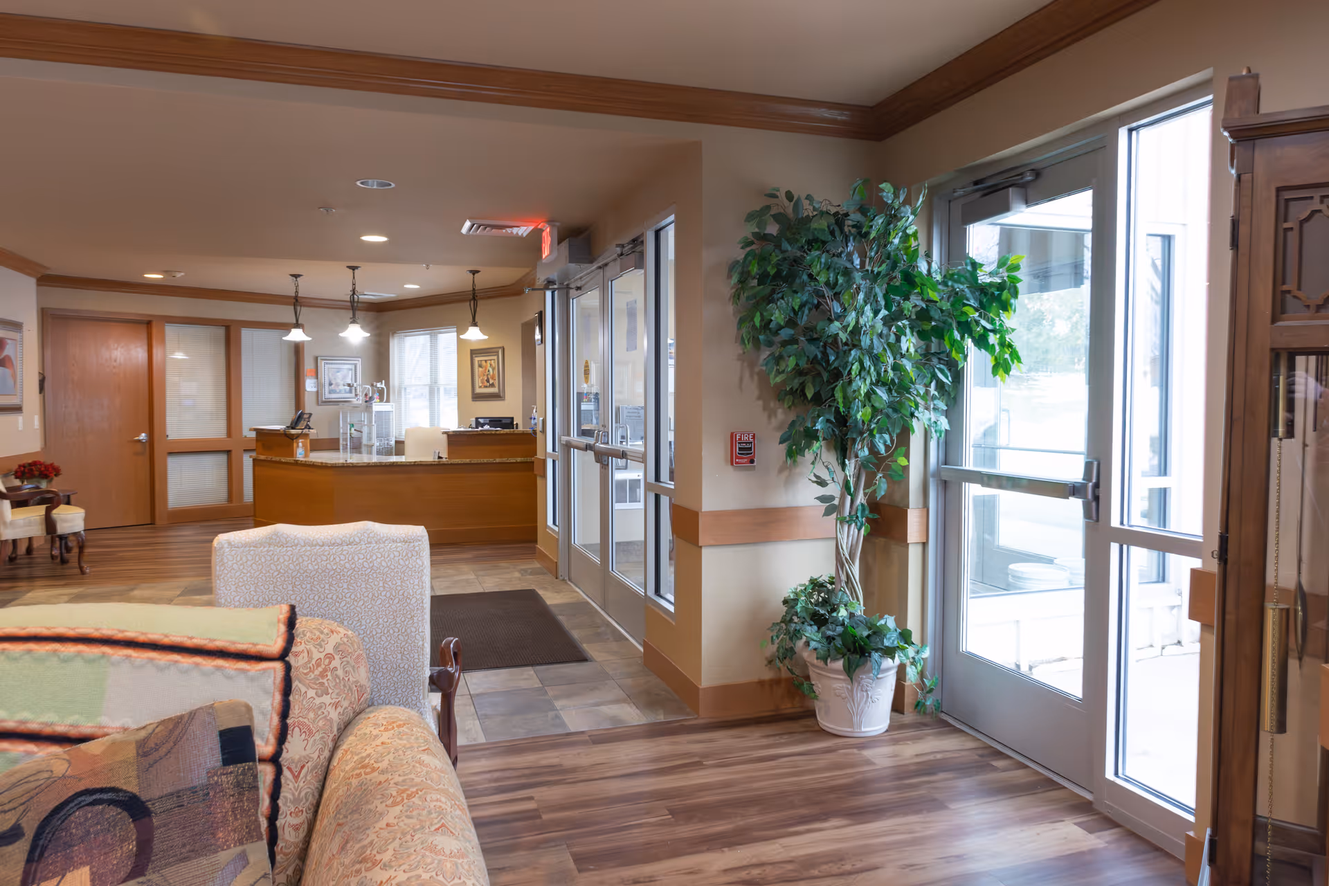 Interior view of a senior living facility lobby area with a reception desk in the background, a glass door entrance on the right, a large potted plant near the door, and comfortable seating with patterned cushions in the foreground.