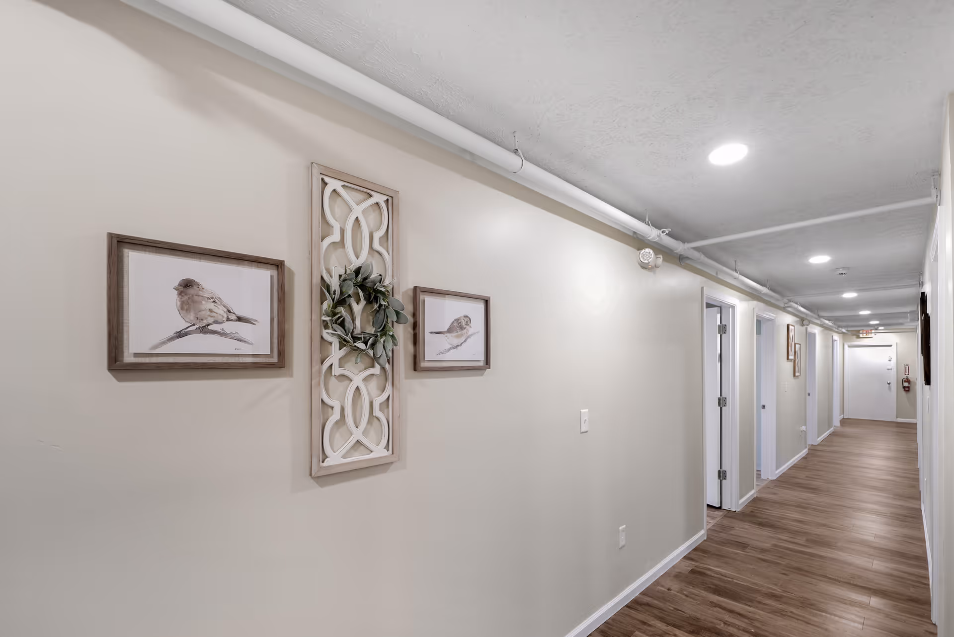 A long, well-lit hallway with light beige walls and wood flooring. The hallway has several open doors on the right side and is decorated with framed bird artwork and a decorative wall piece with a small wreath. Ceiling lights and exposed pipes run along the ceiling.