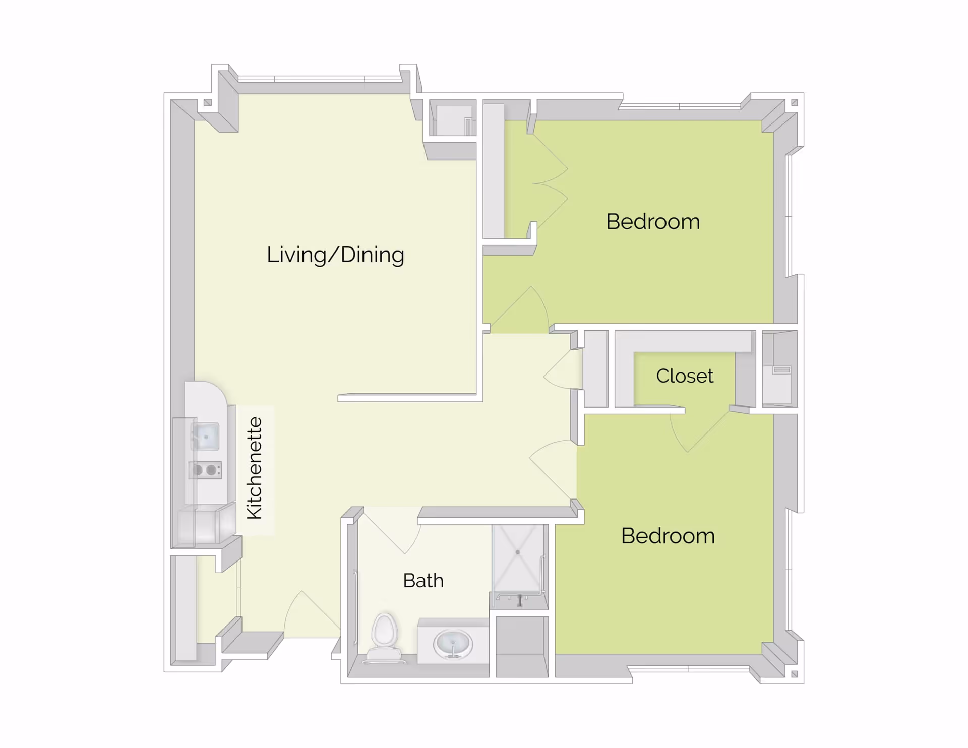 Floor plan of a residential unit at The Residence at Summer Street showing two bedrooms, a closet, a bathroom, a kitchenette, and a combined living and dining area.