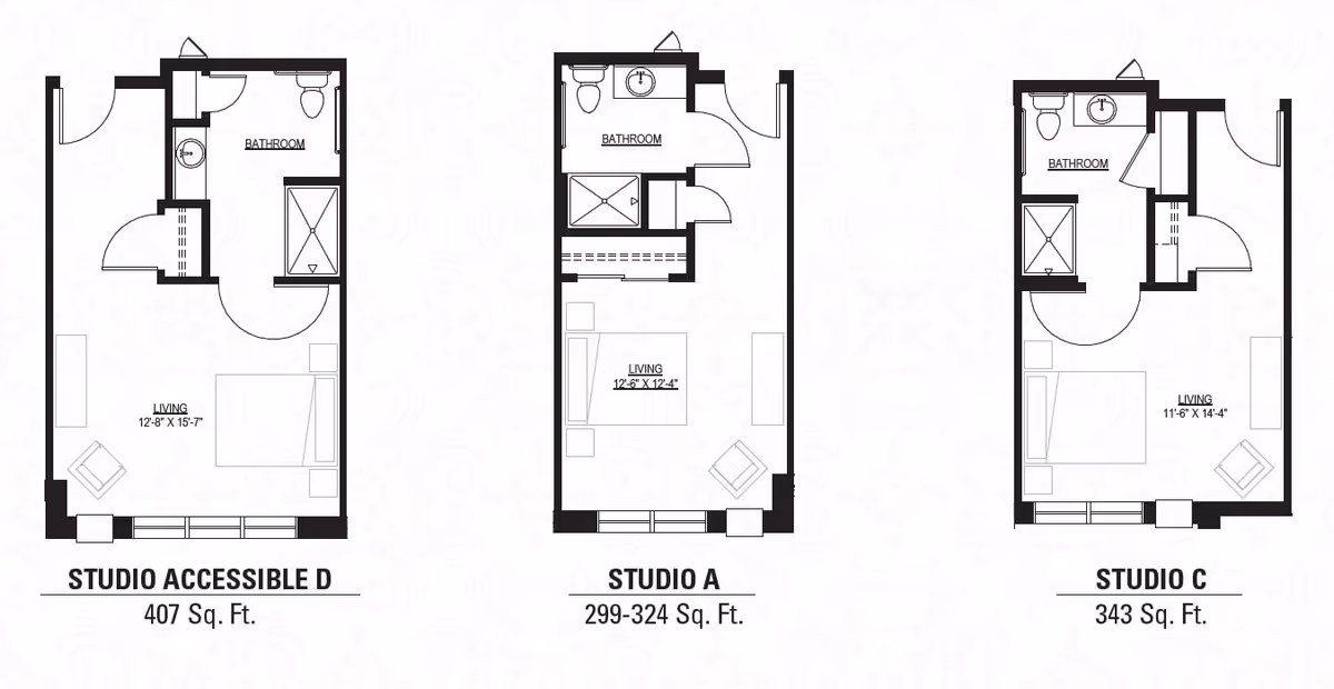 Architectural floor plans for three studio apartments at Aspire Senior Living Kimberly, labeled Studio Accessible D (407 sq. ft.), Studio A (299-324 sq. ft.), and Studio C (343 sq. ft.). Each plan shows a living area with furniture placement and a bathroom layout.