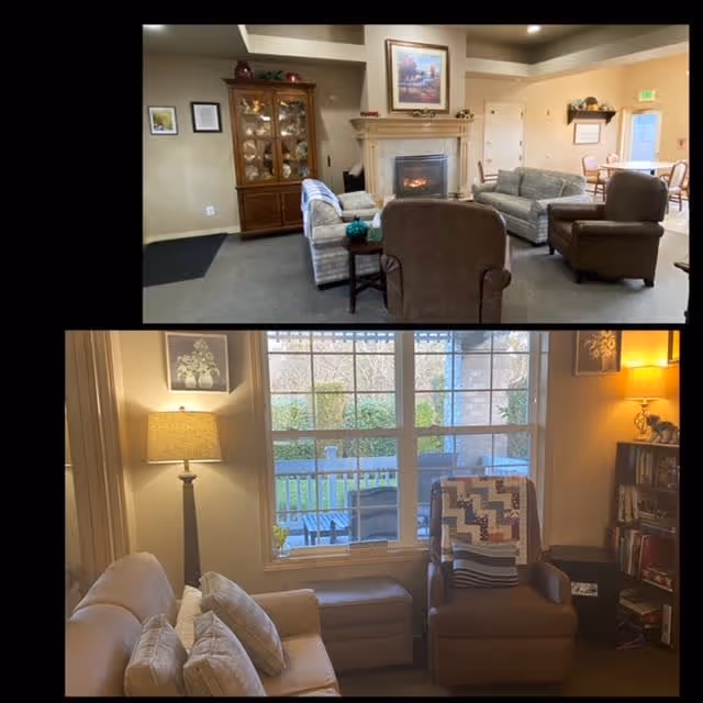 Two images showing cozy interior living spaces. The top image features a common area with a fireplace, a wooden cabinet, and several upholstered chairs and sofas arranged around a small table. The bottom image shows a smaller seating area with a beige sofa, a brown armchair with a quilt draped over it, a floor lamp, a window with a view of greenery outside, and a bookshelf with books and decorative items.
