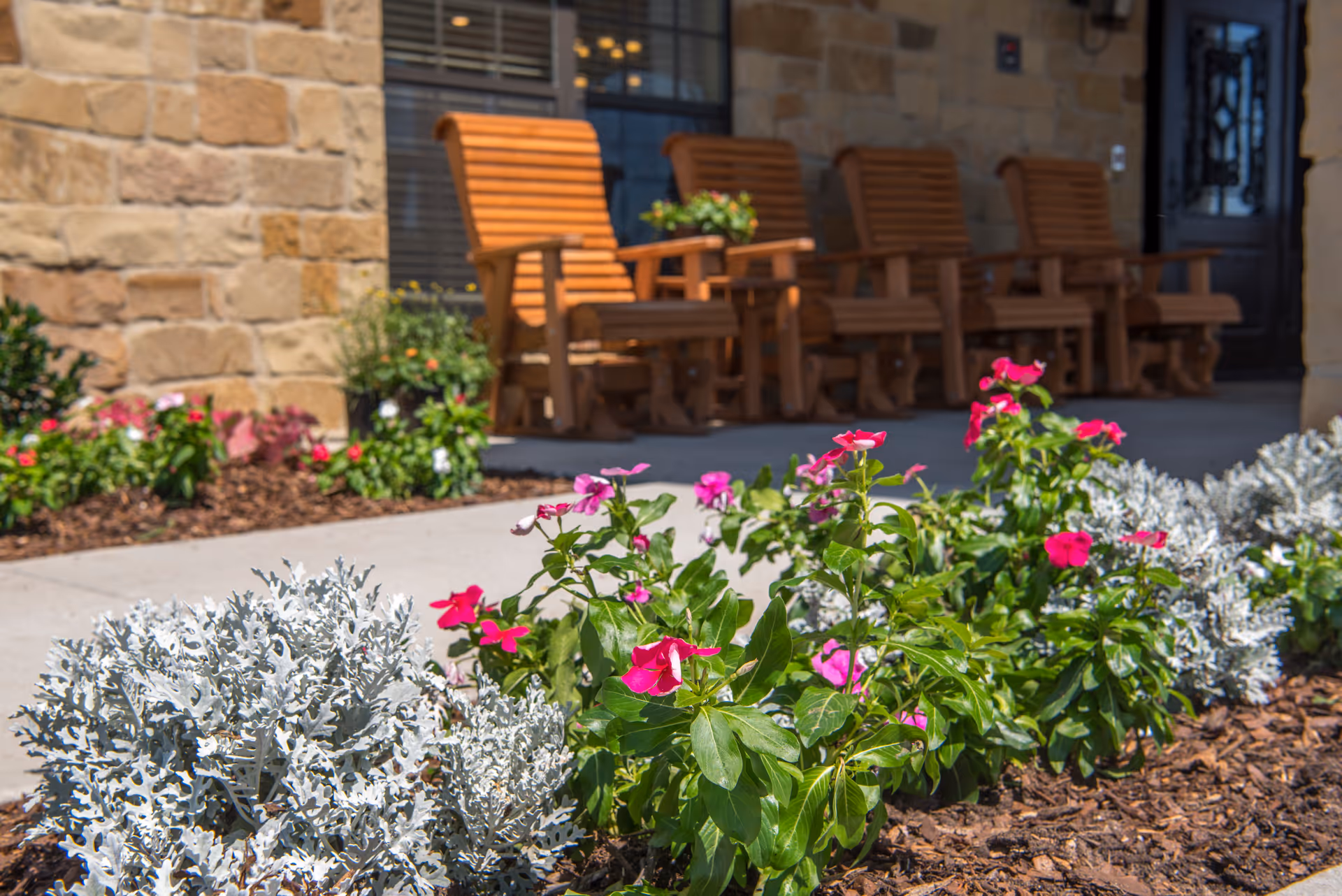 A garden bed with pink and white flowers in front of a stone building. Behind the garden bed, there is a concrete walkway and a row of wooden rocking chairs on a porch area.