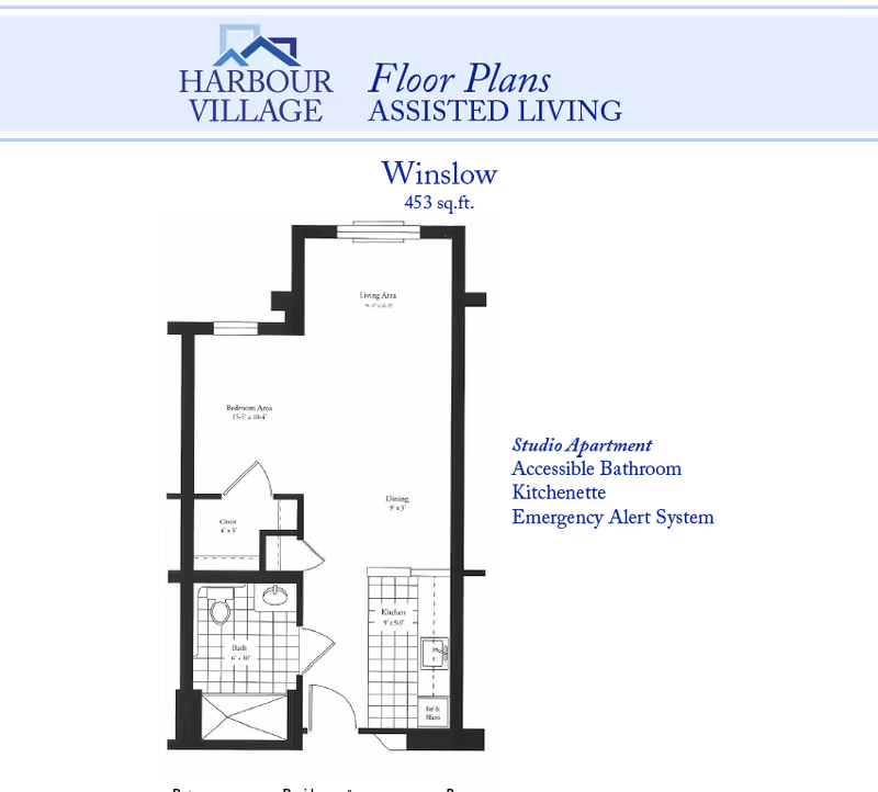 Black-and-white floor plan titled 'Winslow 453 sq.ft.' from Harbour Village showing a studio apartment layout with kitchenette and bathroom.