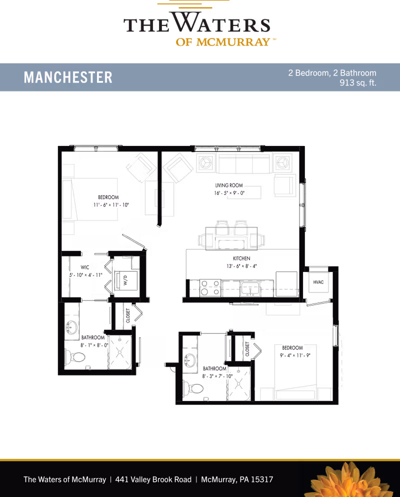 Floor plan layout of a two-bedroom, two-bathroom apartment named Manchester at The Waters of McMurray. The plan shows the dimensions and arrangement of rooms including two bedrooms, two bathrooms, a living room, kitchen, closets, and HVAC area.