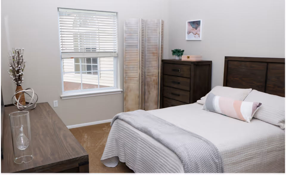 A neatly arranged bedroom with a bed covered in light-colored bedding and a decorative pillow. There is a wooden dresser with four drawers, a decorative plant, and a small box on top. A window with white blinds is on the left wall, and a wooden room divider stands next to the dresser. The walls are painted light gray, and the floor is carpeted in beige.