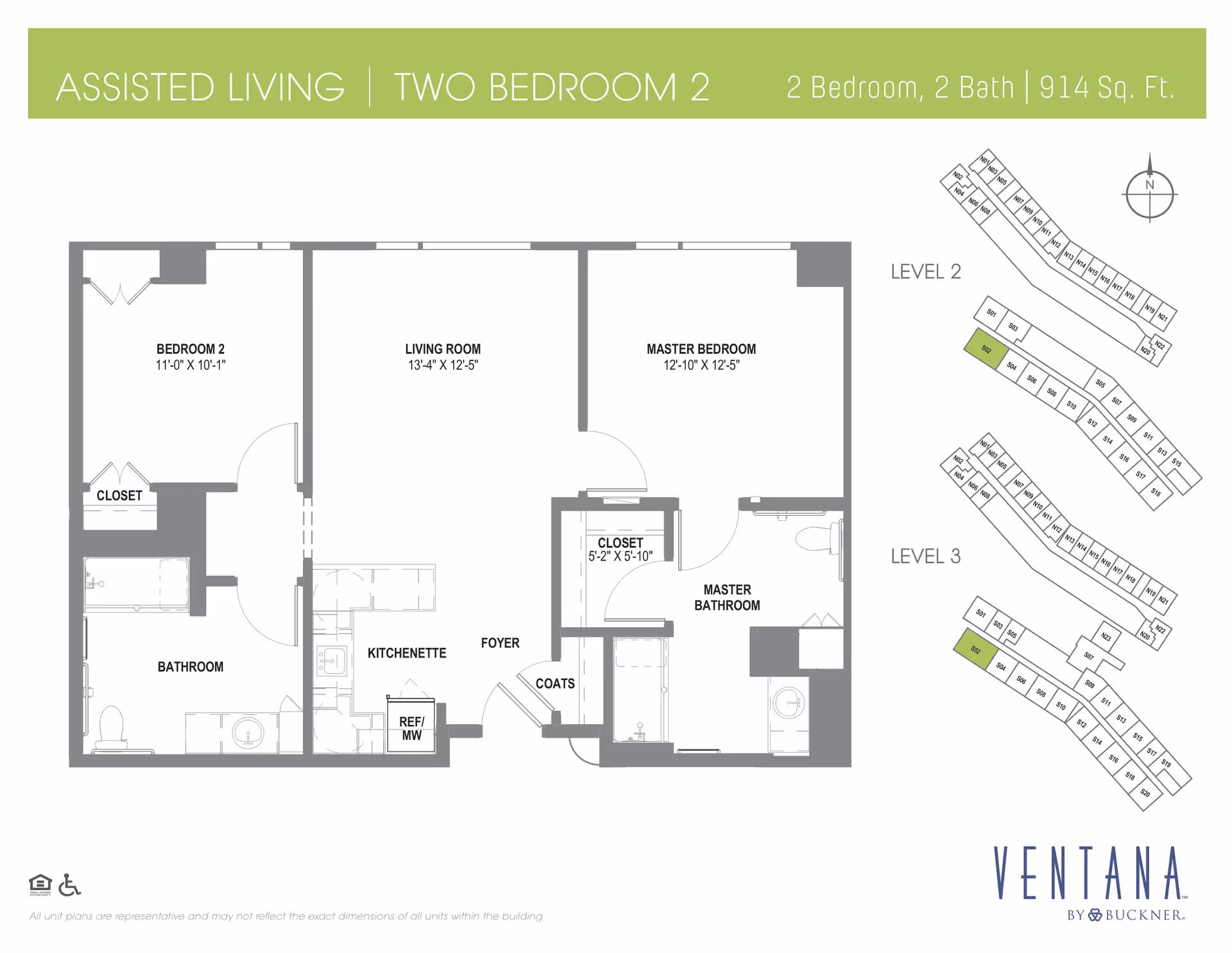 Floor plan of an assisted living two-bedroom, two-bath apartment with 914 square feet. The layout includes a living room, kitchenette, foyer, coat closet, master bedroom with master bathroom and closet, second bedroom with closet, and a second bathroom. There is also a small map showing unit locations on levels 2 and 3. The image is branded with Ventana by Buckner.