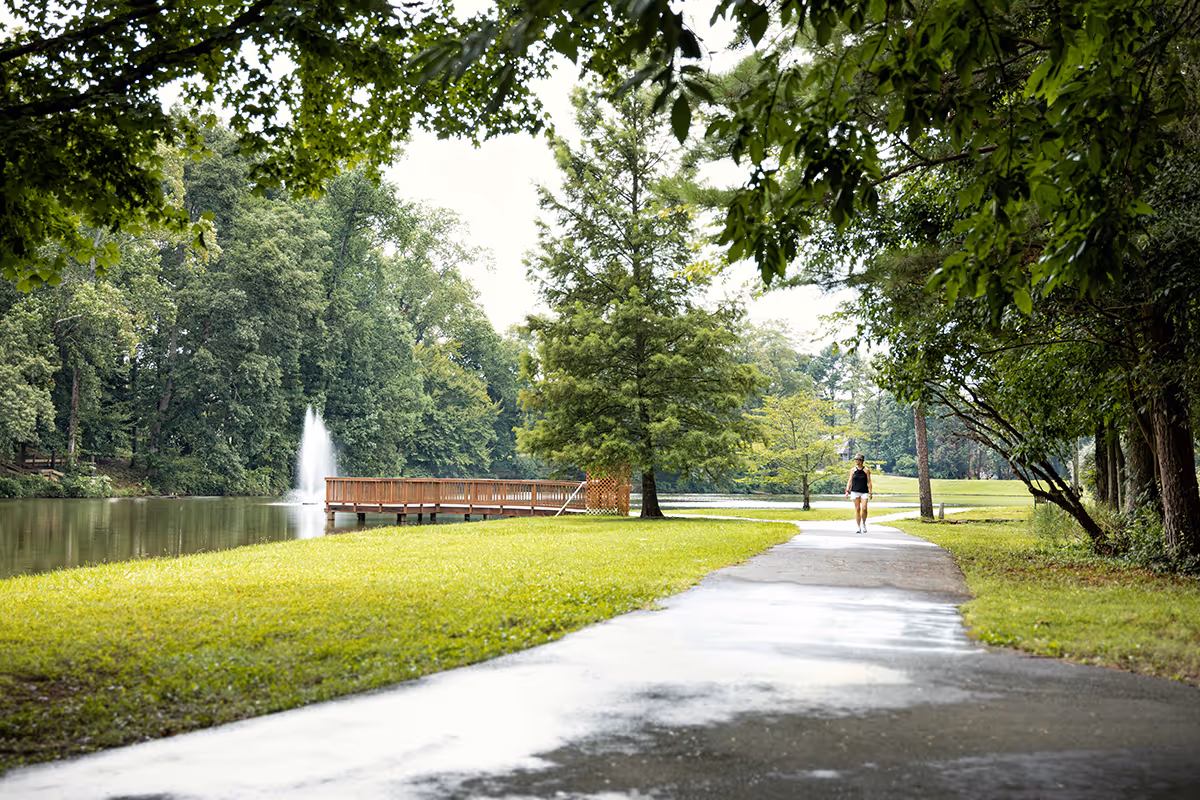 A lakeside walking path lined with trees, a wooden pier and fountain, and a person walking in the distance.