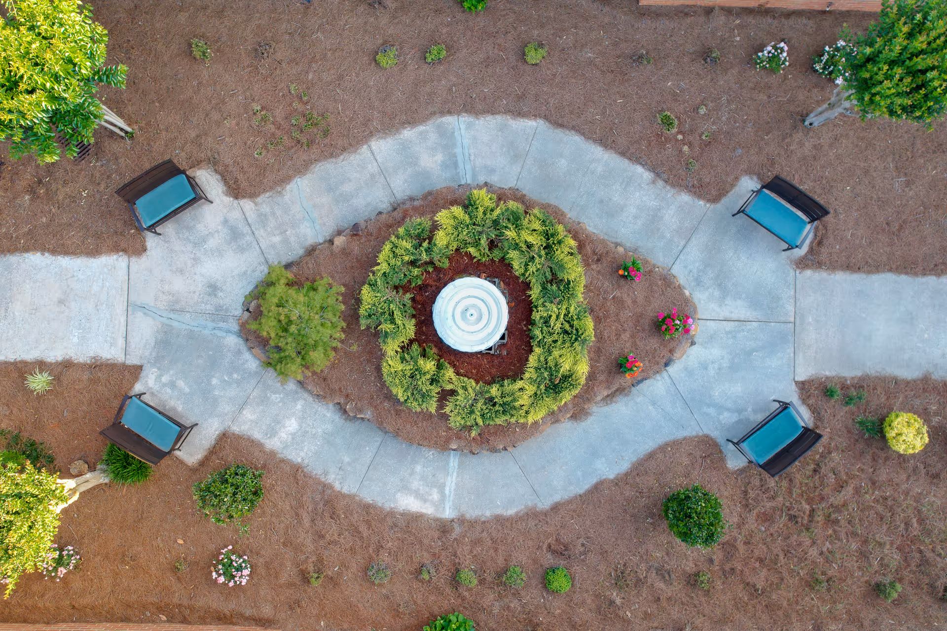 Aerial view of a garden area with a circular fountain in the center surrounded by green shrubs. Concrete pathways form a symmetrical pattern around the fountain with four benches placed at intervals along the paths. Various small plants and flowers are planted in the mulched ground around the pathways.