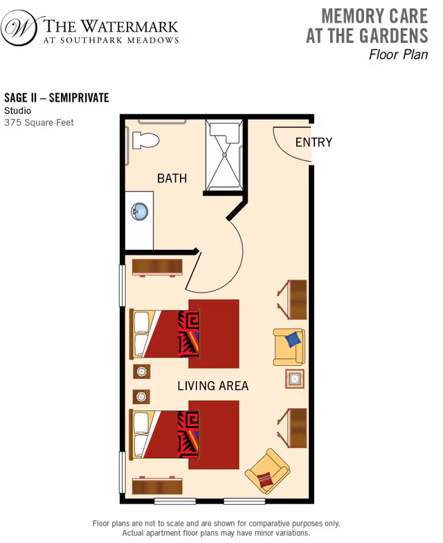 A floor plan layout showing a living area with two beds, a bath, and an entrance, labeled with dimensions.