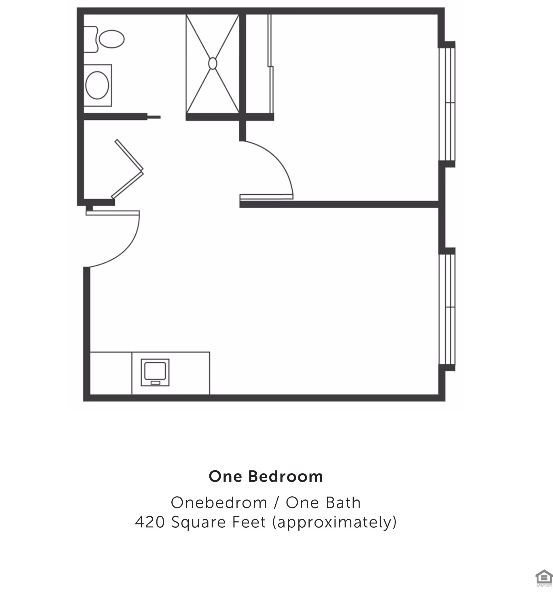 Floor plan of a one-bedroom, one-bath apartment approximately 420 square feet, showing a bathroom with toilet and sink, a shower, a kitchen area, and a living/bedroom space.