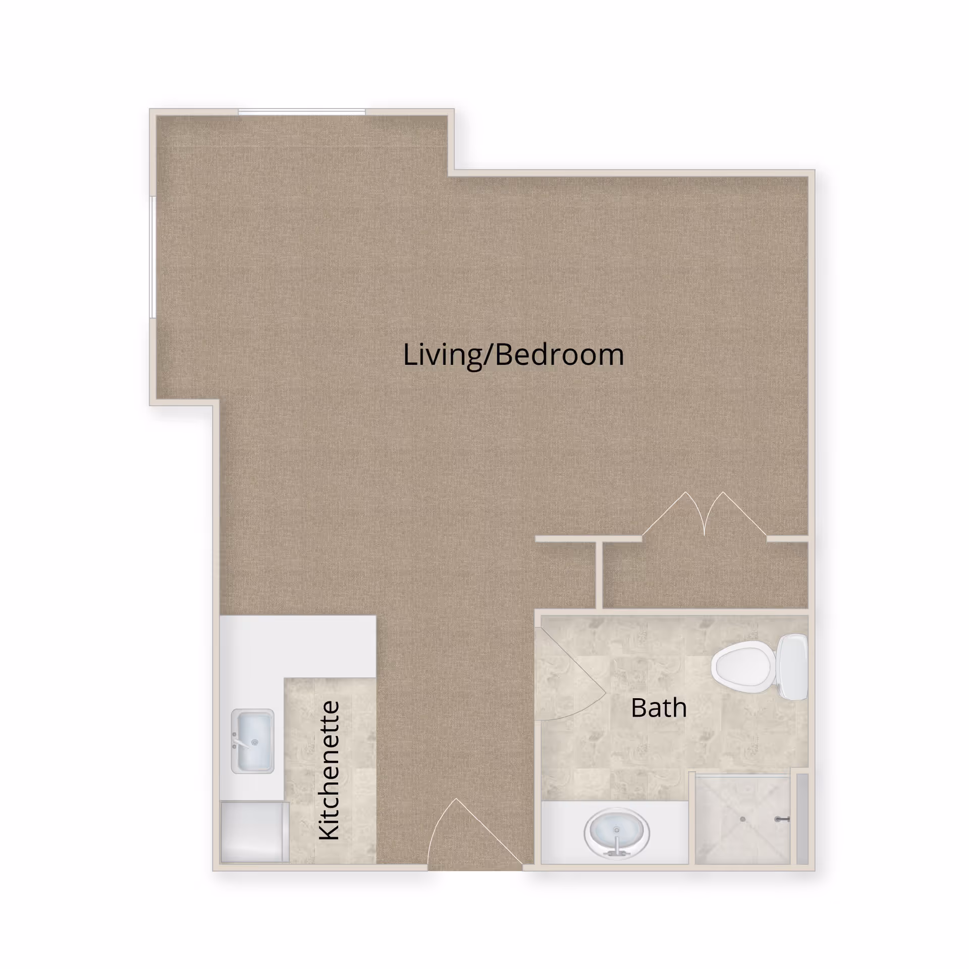 Floor plan of a senior living studio apartment with a combined living and bedroom area, a kitchenette with a sink and counter, and a bathroom with a toilet, sink, and shower.
