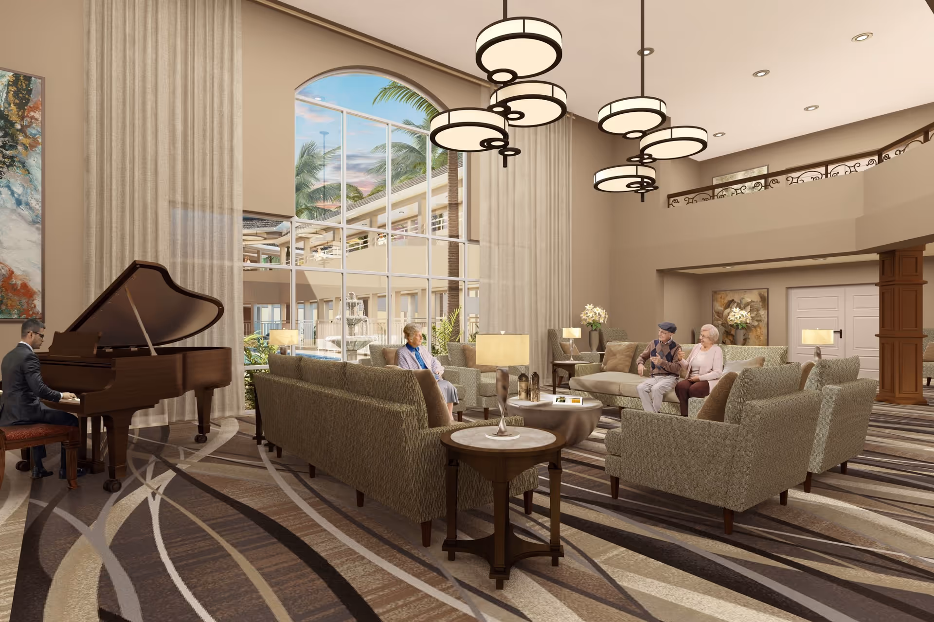 A spacious and elegant senior living facility lounge with large windows letting in natural light. The room features comfortable sofas and armchairs arranged around coffee tables, with modern hanging light fixtures overhead. A man is playing a grand piano on the left side, while three elderly people are seated and conversing in the seating area. The decor includes neutral tones, patterned carpet, and floral arrangements.
