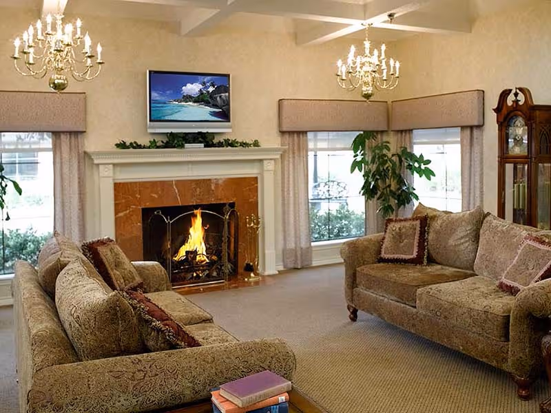 Cozy living room with two upholstered sofas facing a lit fireplace beneath a wall-mounted TV, chandeliers, and large windows.
