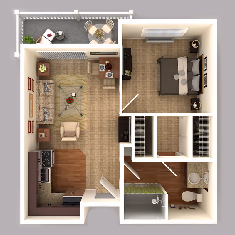 Top-down view of a one-bedroom apartment floor plan featuring a bedroom with a double bed and two nightstands, a bathroom with a shower, toilet, and sink, a kitchen with appliances and cabinetry, a living room with a sofa, armchair, coffee table, and dining area with a table and chairs. There is also a small outdoor balcony with seating and a table.