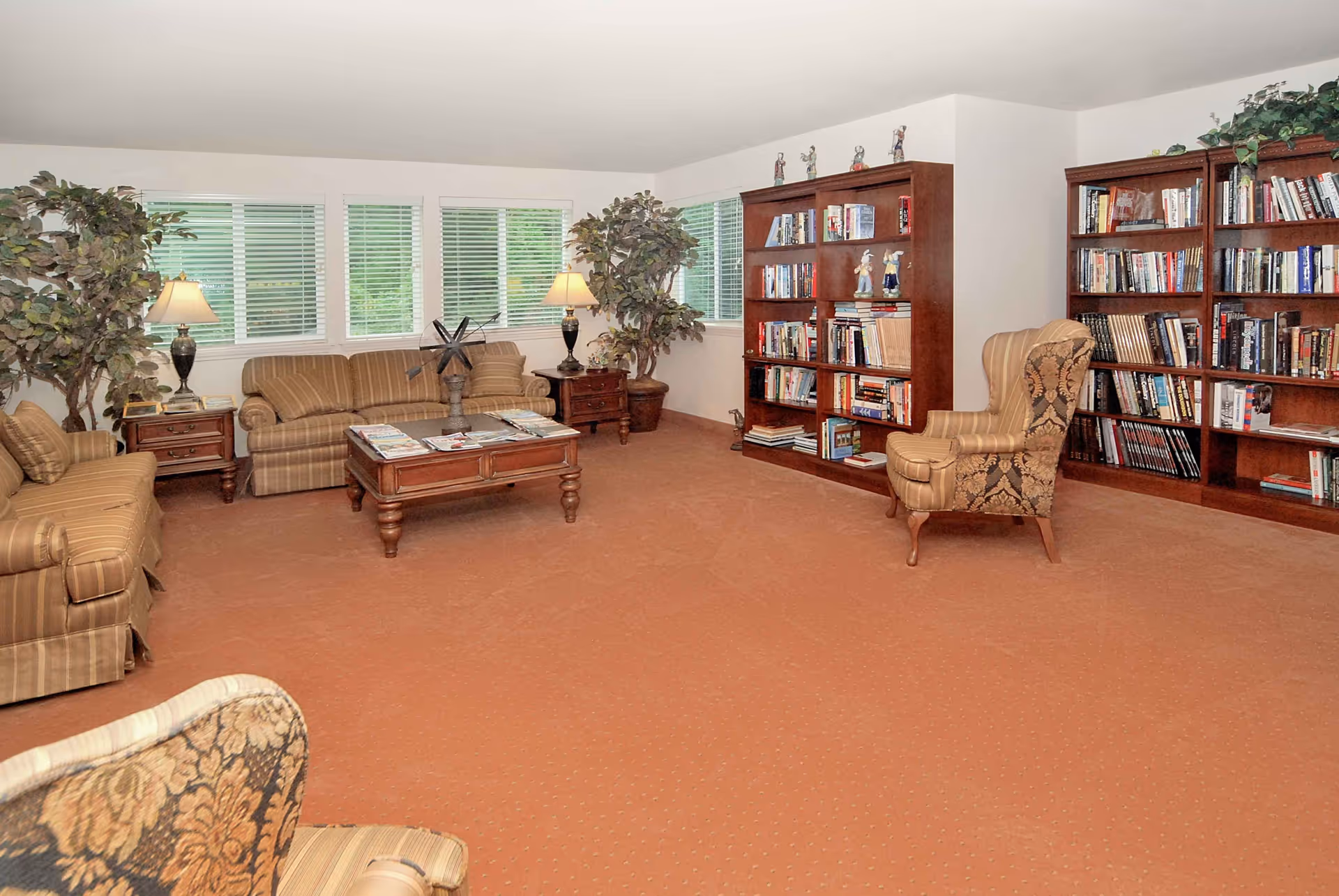 A spacious living room with brown carpet, two striped sofas, two wooden side tables with lamps, a wooden coffee table with magazines, two large potted plants, and two large wooden bookshelves filled with books and decorative figurines. The room has multiple windows with white blinds allowing natural light to enter.