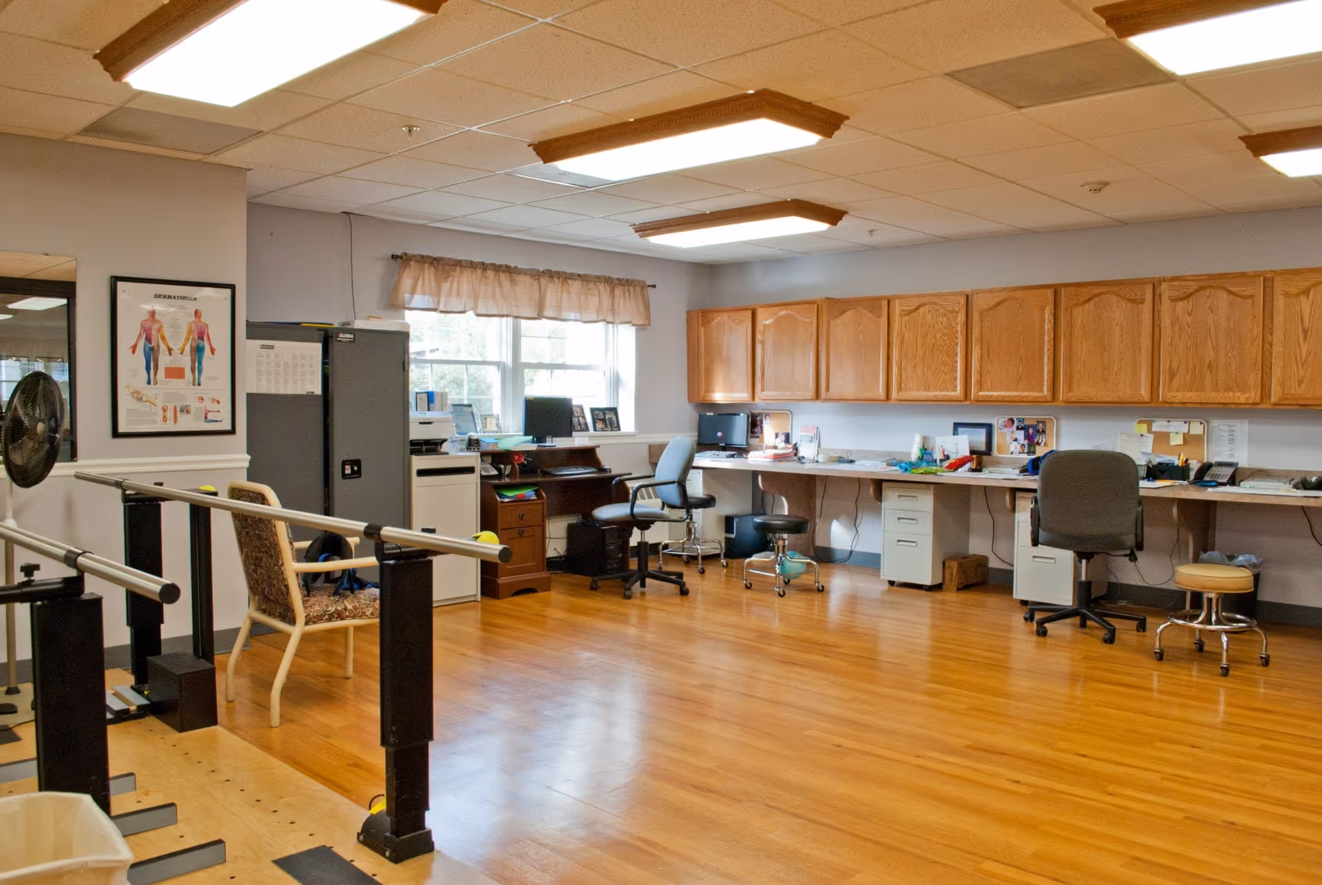 Large interior therapy/office room with parallel walking bars, multiple desks and chairs, and wall-mounted wooden cabinets.