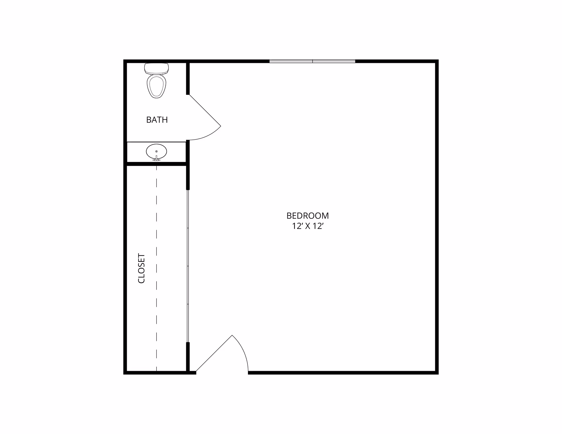 Architectural floor plan of a 12 by 12 feet bedroom with an attached bathroom and a closet along one wall.