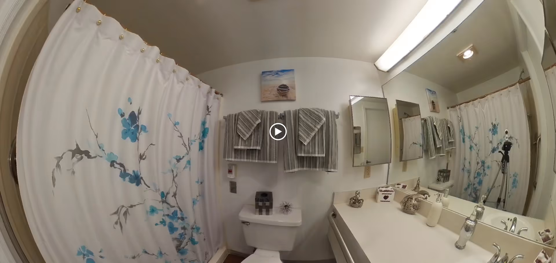 A bathroom with a white shower curtain decorated with blue flowers, a toilet with two striped towels hanging above it, a countertop with a sink, soap dispenser, and decorative items, and a large mirror reflecting the room.