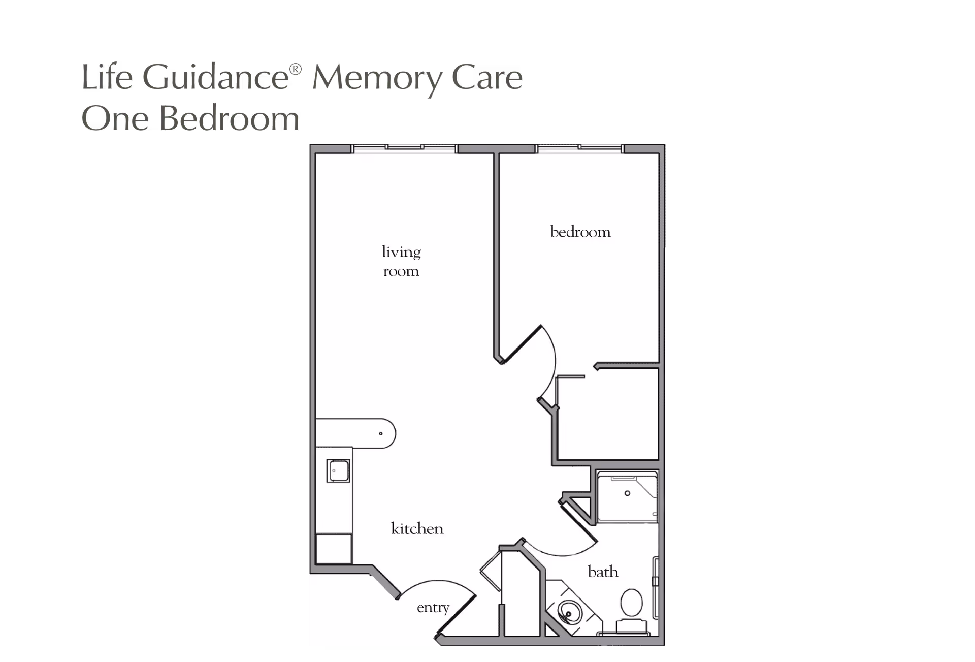 Floor plan layout of a one-bedroom memory care unit showing a living room, kitchen, bedroom, bathroom, and entry area.