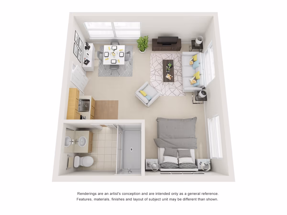 3D floor plan of a studio apartment featuring a combined living and sleeping area with a bed, sofa, armchair, coffee table, TV stand, and TV. The kitchen area includes a sink and countertop, adjacent to a dining area with a table and four chairs. The bathroom has a toilet, sink, and bathtub with a shower.