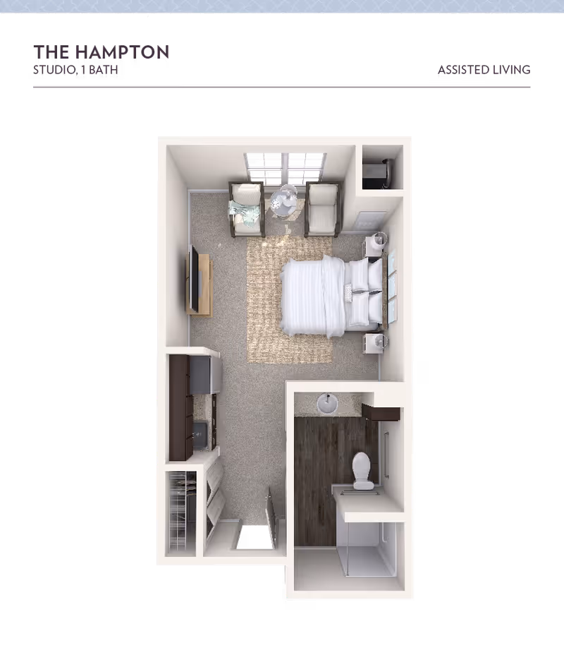 Floor plan of The Hampton studio apartment with one bathroom in an assisted living facility. The layout includes a combined living and sleeping area with a bed, two chairs, a small table, a TV on a stand, and a kitchen area with cabinets and appliances. The bathroom has a sink, toilet, and shower.