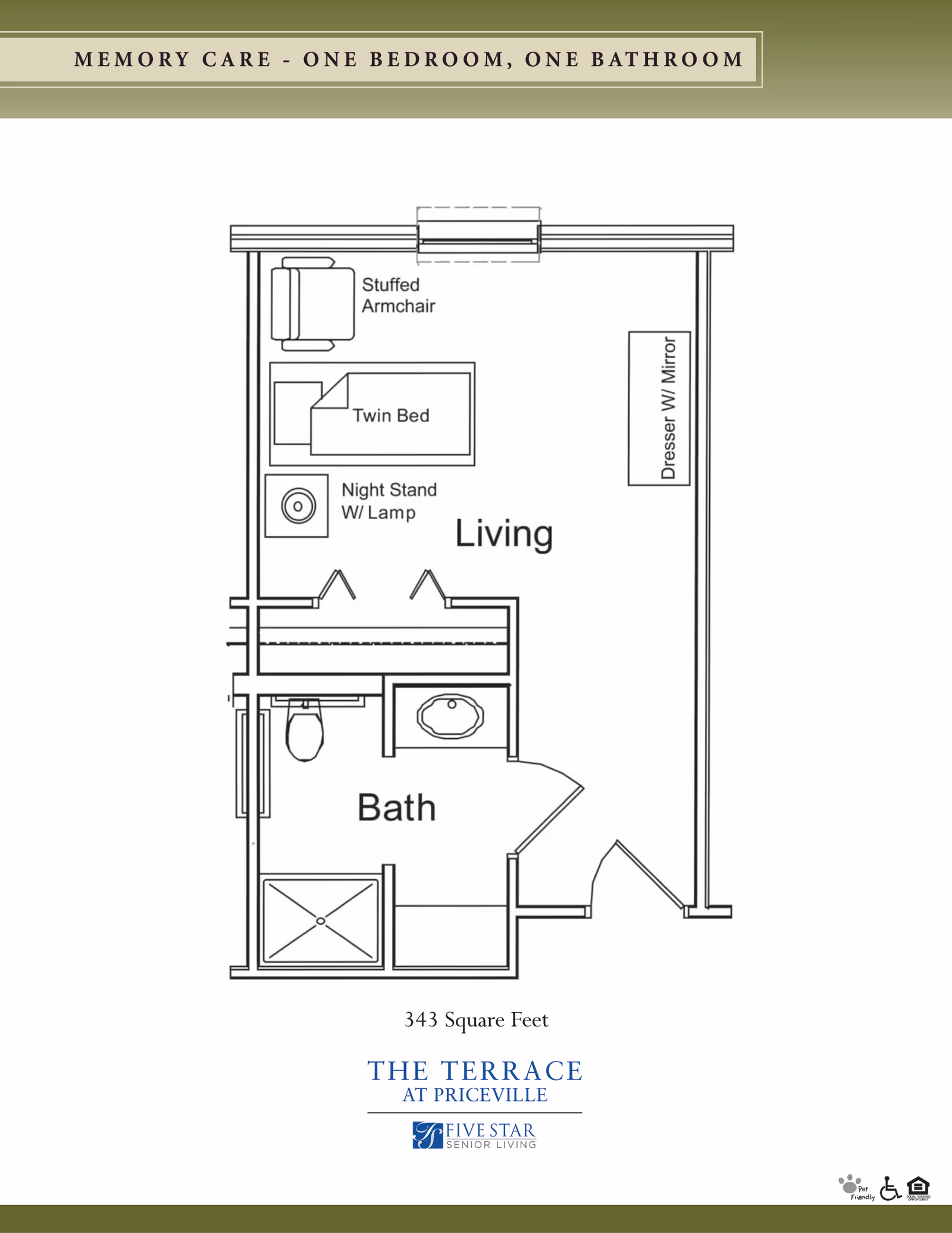 Floor plan of a memory care one-bedroom, one-bathroom unit at The Terrace at Priceville, showing a living area with a twin bed, stuffed armchair, nightstand with lamp, and dresser with mirror, along with a bathroom containing a toilet, sink, and shower. The total area is 343 square feet.