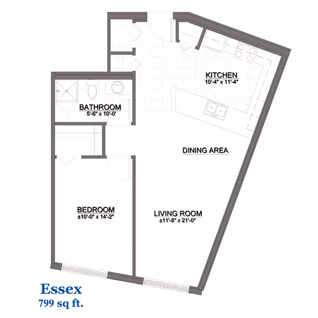 Floor plan of a one-bedroom, one-bath apartment labeled "Essex 799 sq. ft." showing a bedroom, bathroom, kitchen, dining area, and living room.