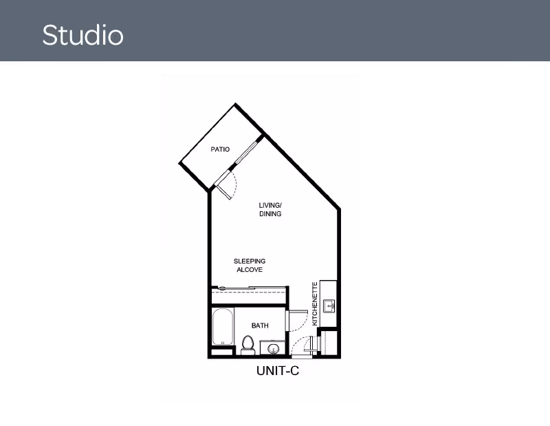 Black-and-white studio floor plan labeled Unit-C showing a kitchenette, bath, sleeping alcove, living/dining area and patio.