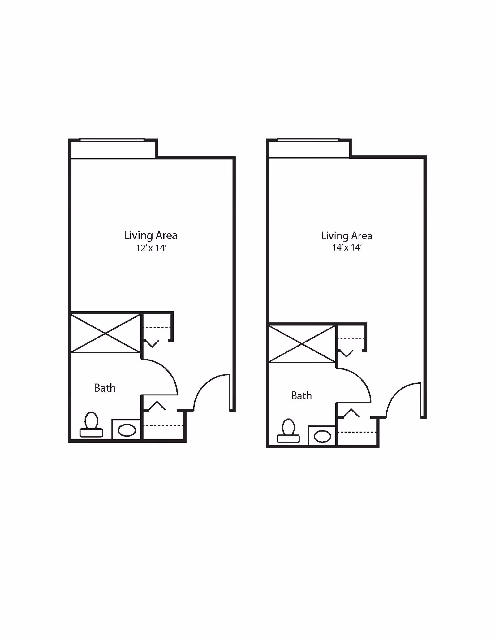 Floor plan showing two studio apartment layouts at Brookdale Harrisburg, each with a living area and a bathroom. The left layout has a 12'x14' living area, and the right layout has a 14'x14' living area. Both include a bathroom with a toilet and sink, and closet spaces.