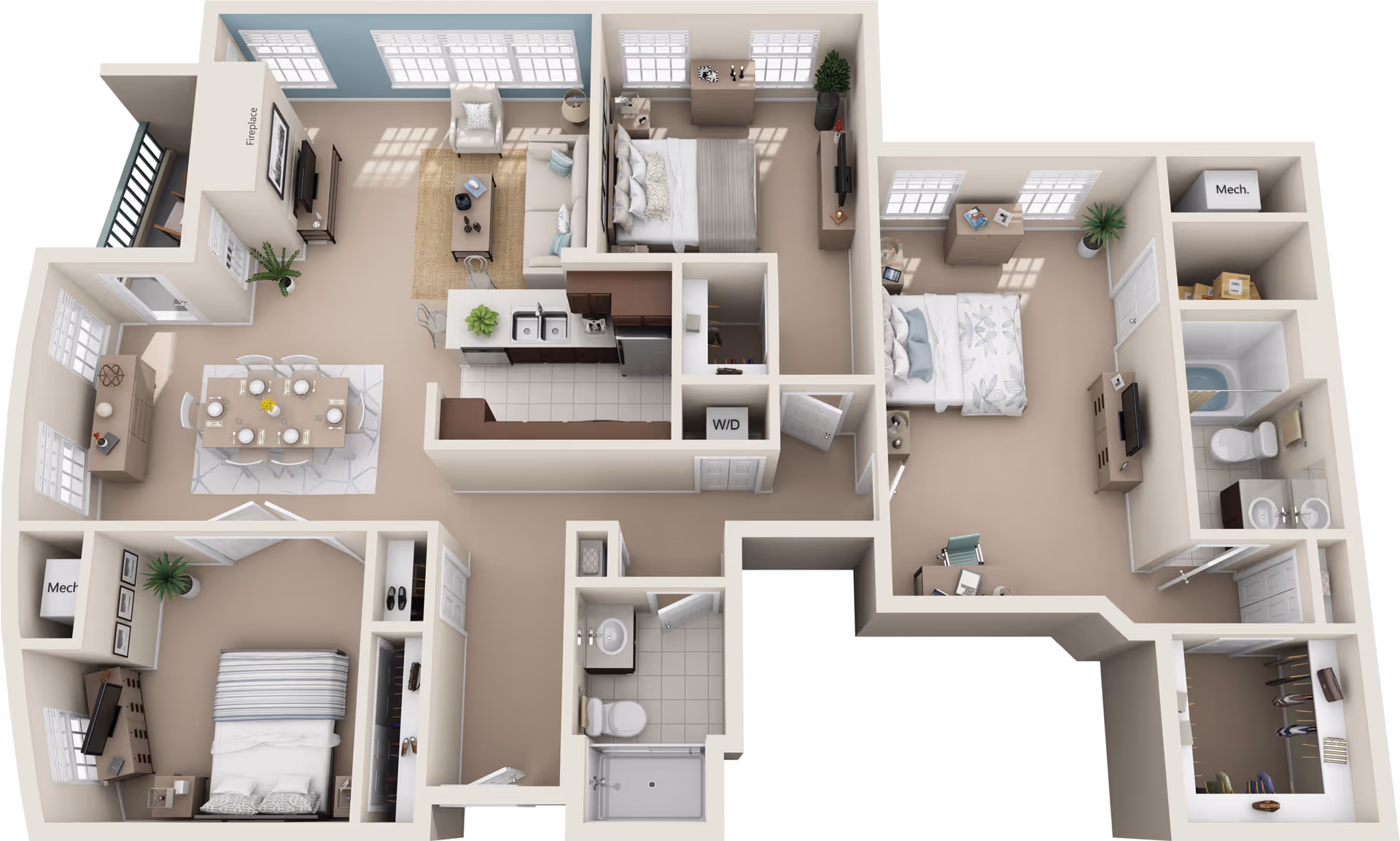 3D floor plan of an assisted living apartment featuring three bedrooms, two bathrooms, a kitchen with an island and sink, a dining area with a table set for six, a living room with a fireplace and seating, and multiple closets and mechanical rooms.