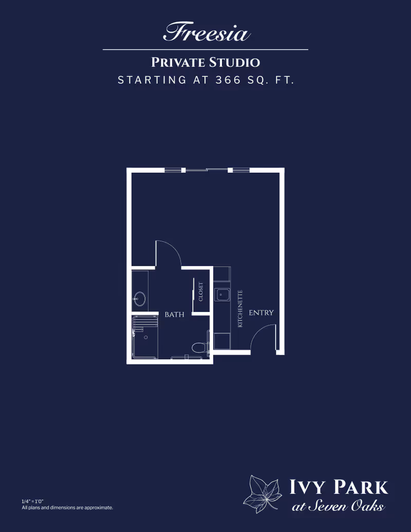 Floor plan of a private studio apartment named Freesia at Ivy Park at Seven Oaks, showing an entry area with kitchenette, a bathroom with shower, toilet, and sink, and a closet. The total area starts at 366 square feet.
