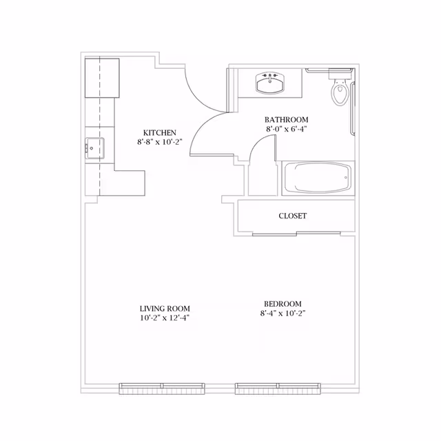Architectural floor plan showing a layout with a kitchen, bathroom, closet, living room, and bedroom with dimensions labeled for each room.