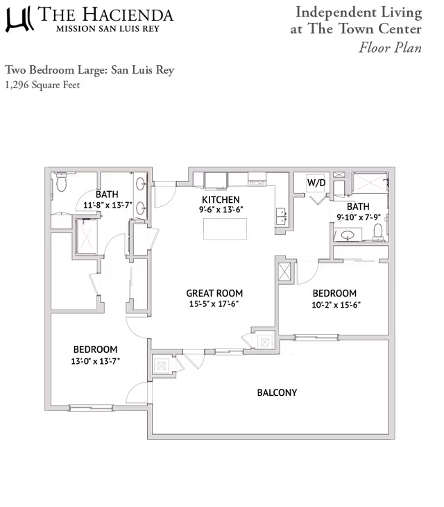 Floor plan of a two-bedroom large apartment named San Luis Rey at The Hacienda Mission San Luis Rey, showing layout with dimensions including living area, kitchen, two bedrooms, two bathrooms, and washer/dryer area, totaling 1,296 square feet.