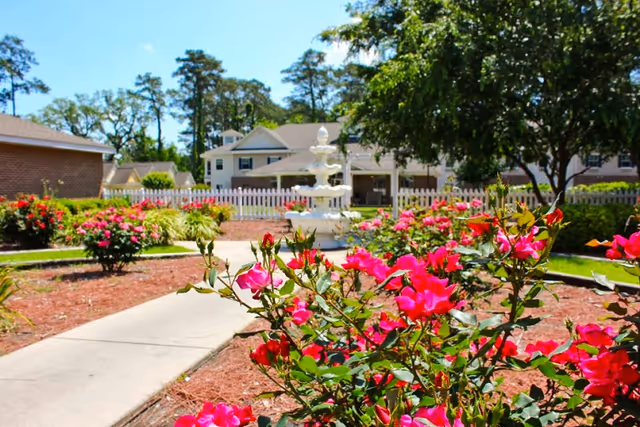 Sunlit courtyard with pink roses in the foreground, a paved walkway leading to a central fountain and senior living buildings in the background.