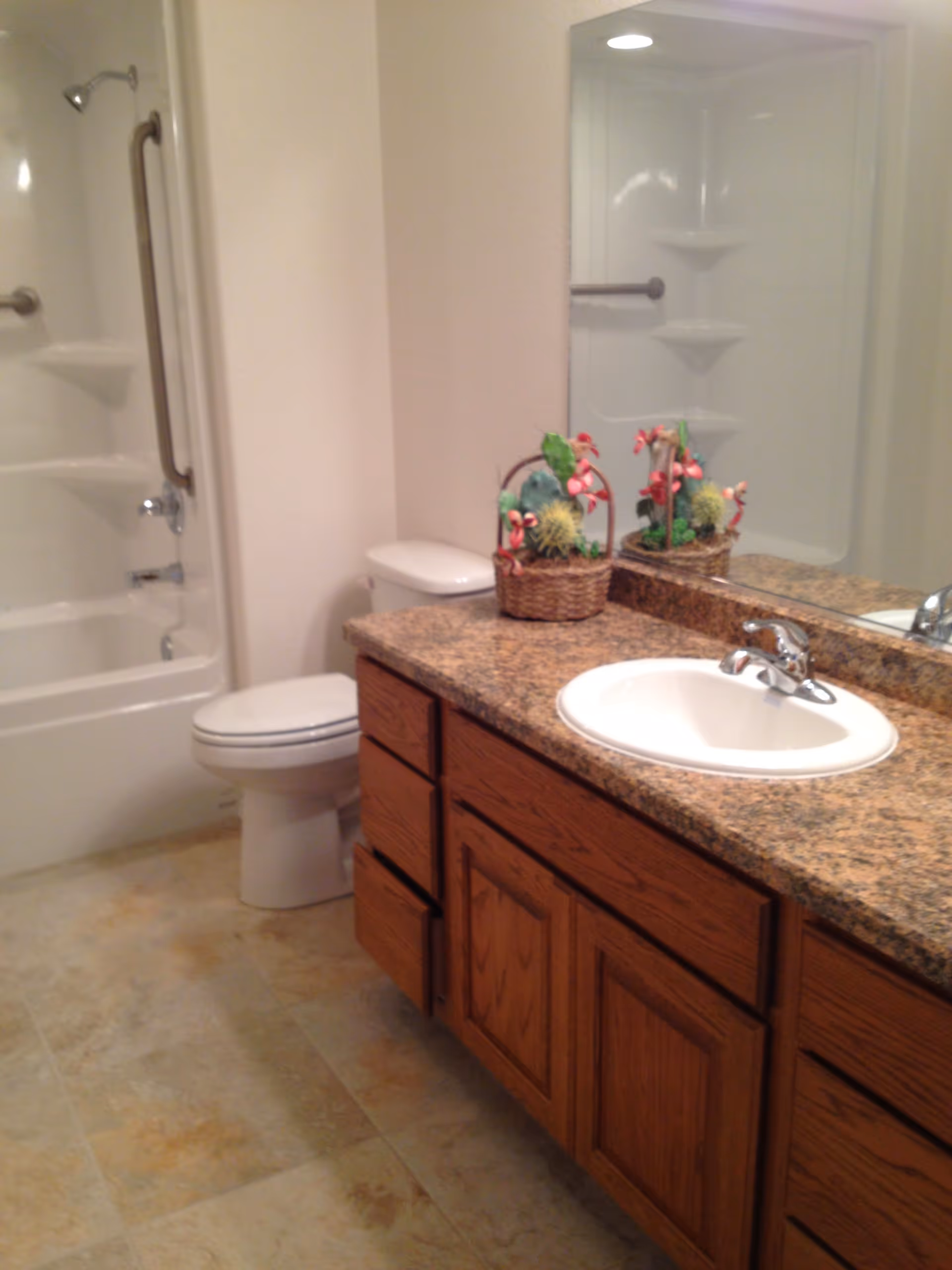 Bathroom with a granite countertop sink, wooden vanity cabinets, toilet, and bathtub/shower with grab bar.