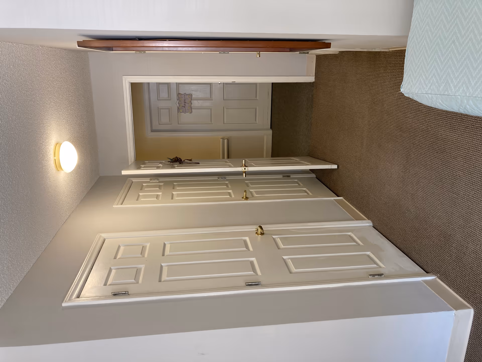 Carpeted interior hallway showing multiple white doors, a ceiling light, and part of a bed.