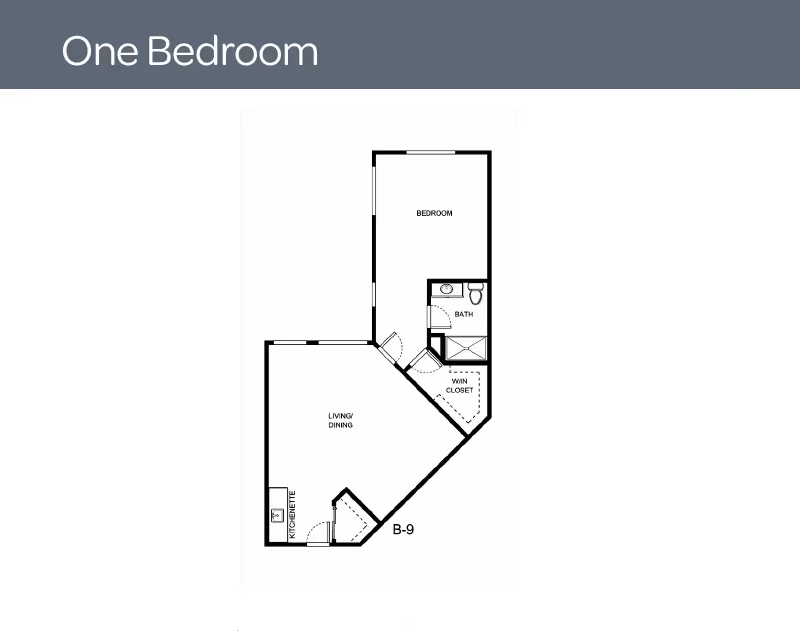 Floor plan layout of a one-bedroom apartment featuring a bedroom, bathroom, walk-in closet, living/dining area, and kitchenette.