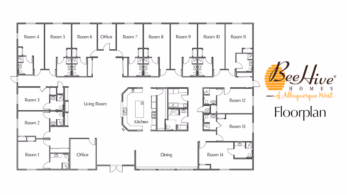 Floor plan of BeeHive Homes of Albuquerque West showing layout with 14 rooms, two offices, a living room, kitchen, and dining area.