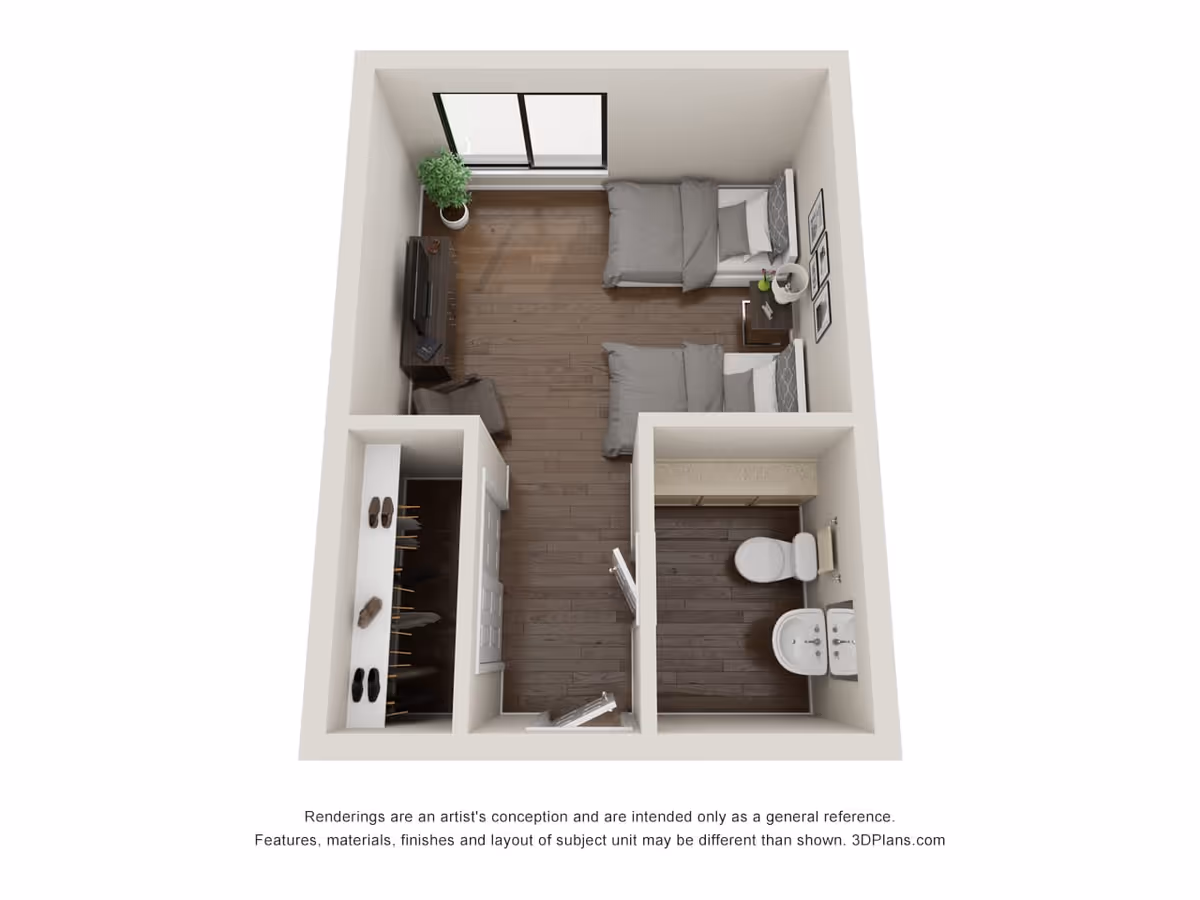 Top-down 3D floor-plan rendering of a small apartment with two twin beds, a closet, and a bathroom.