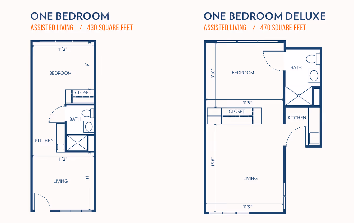 Floor plans for two assisted living apartments at Hickory Villa Assisted Living. The first is a one-bedroom unit with 430 square feet, featuring a bedroom, closet, bathroom, kitchen, and living area. The second is a one-bedroom deluxe unit with 470 square feet, including a bedroom, closet, bathroom, kitchen, and a larger living area.