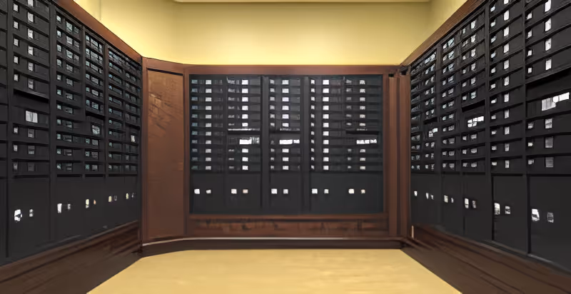 Interior mailroom with rows of dark wooden mailboxes lining three walls.