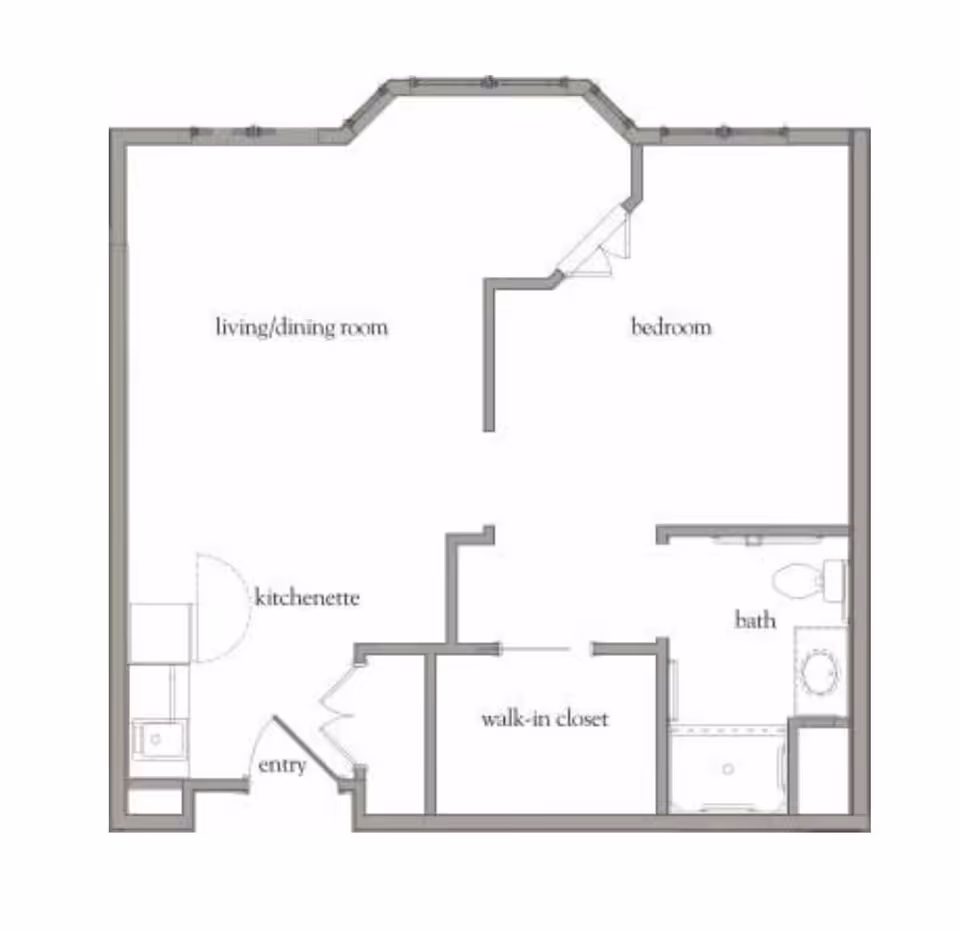 Floor plan layout of a senior living unit at Atria Woodbriar Place showing an entry leading to a kitchenette, a combined living/dining room, a bedroom, a walk-in closet, and a bathroom.
